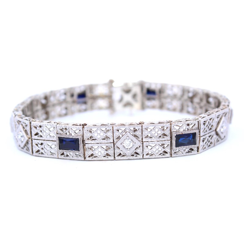 Estate 14 Karat White Gold Filigree Diamond And Blue Sapphire Bracelet Measuring 7 Inches